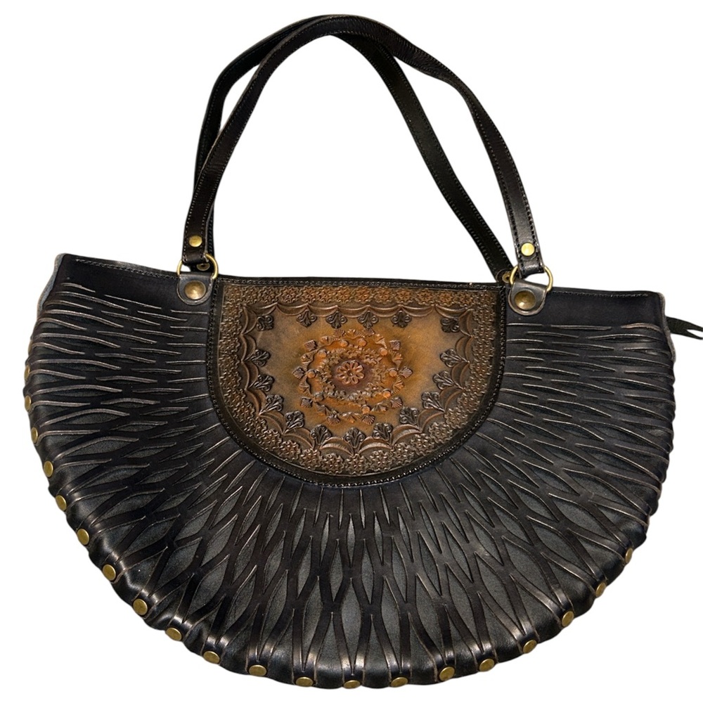 Hand-Tooled Black and Brown Leather Shoulder Bag